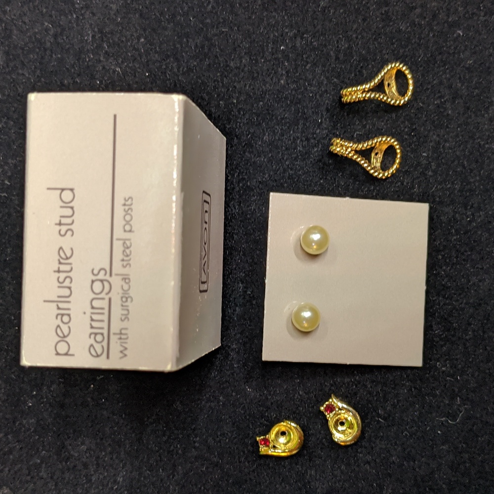 AVON Vintage Pearlustre Stud Earrings, Pierced, Goldtone, Two Jackets, NOS NWT